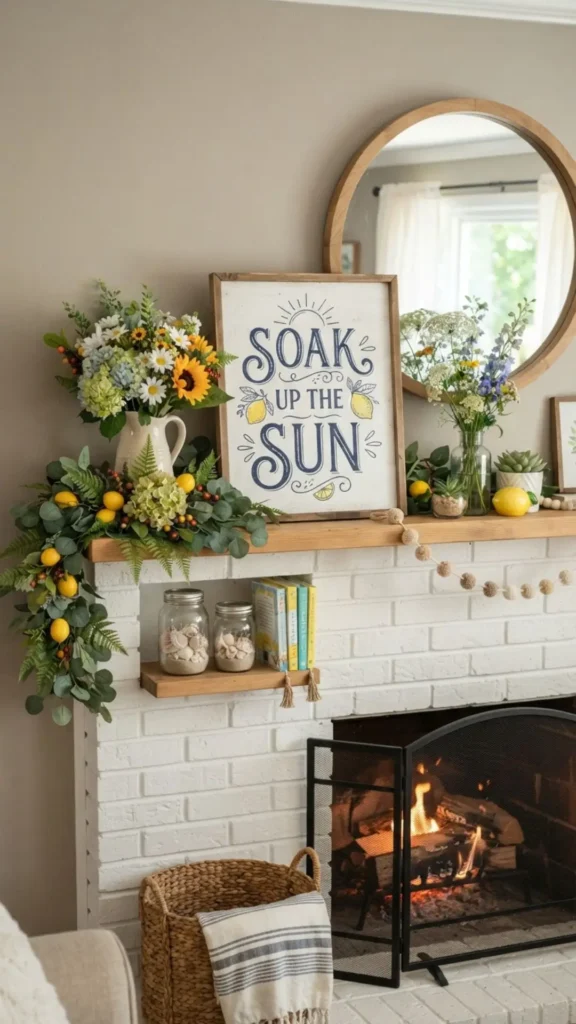 Summer quote sign displayed with seasonal mantel decor.