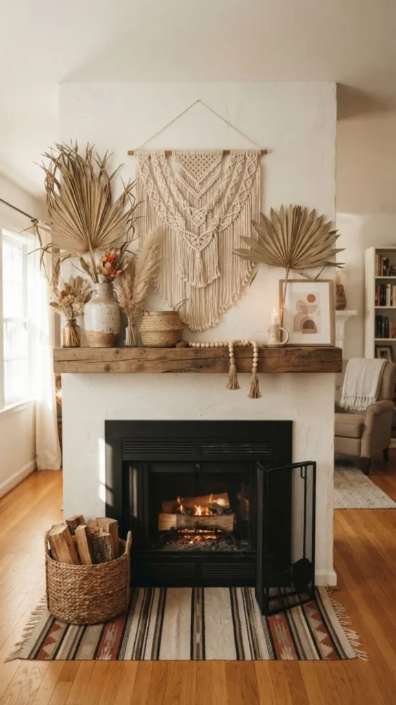Boho mantel with macrame hanging and dried palms.