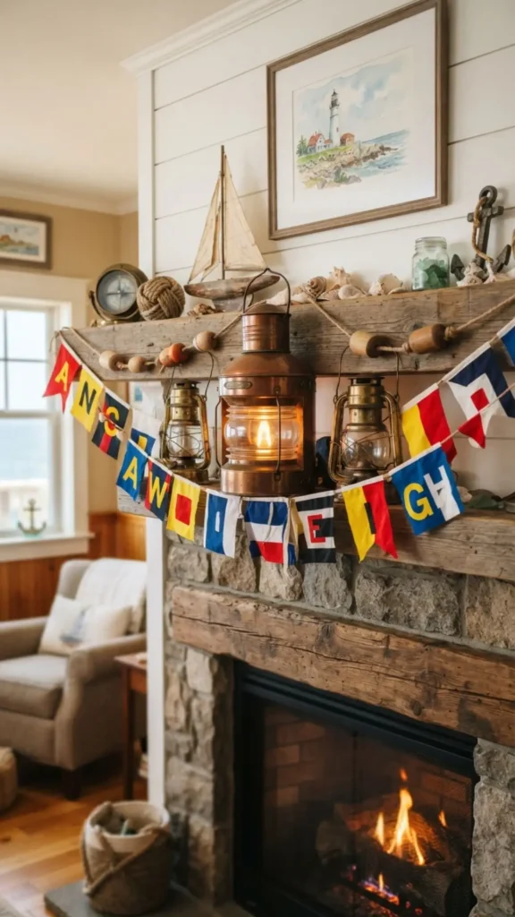 Nautical flags and lanterns decorate summer fireplace mantel.