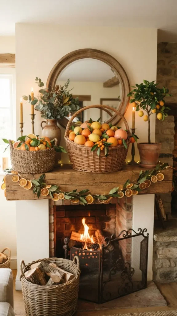 Wicker baskets filled with colorful citrus on mantel.