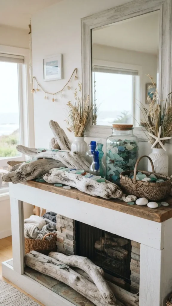 Coastal mantel with driftwood, sea glass, and white candles