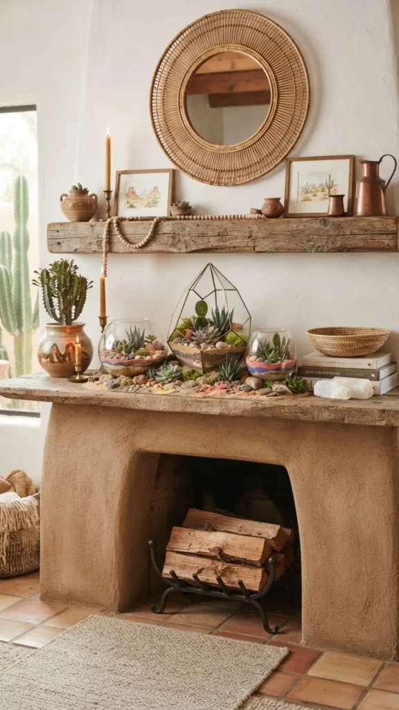 Glass terrariums with sand and succulents on mantel.