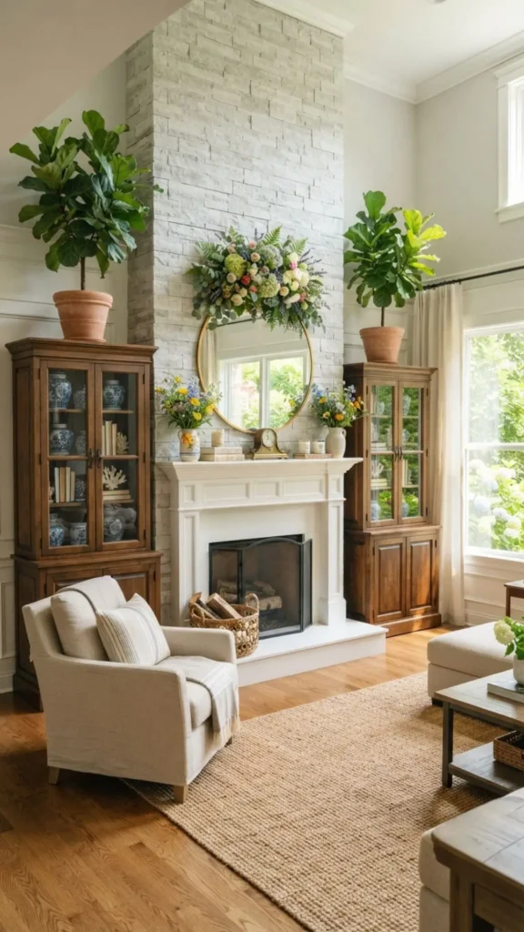 Symmetrical mantel styled with matching decorative accents.