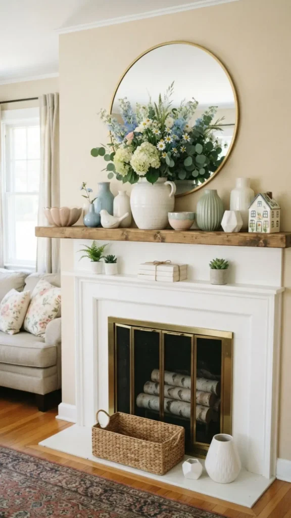 Pastel ceramic vases brighten elegant summer mantel decor.