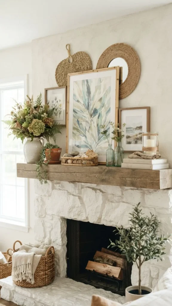 Layered artwork with woven textures and natural accents.