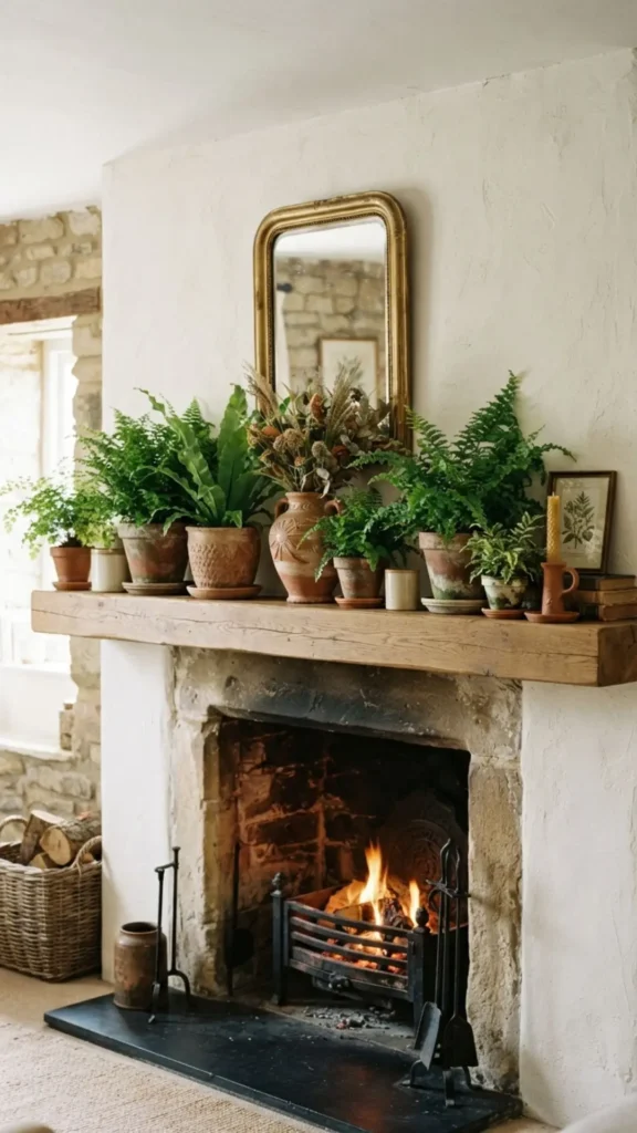 Summer mantel styled with lush ferns and terracotta pots.