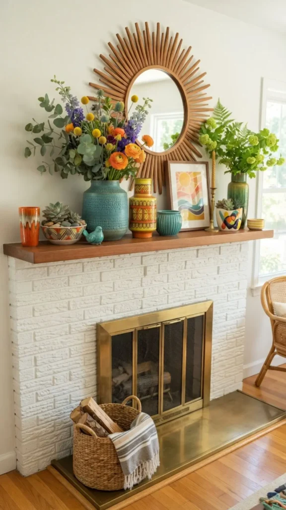 Mid-century pottery displayed on stylish summer mantel.