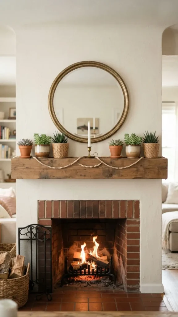 Decorative mirror flanked by matching potted succulents.