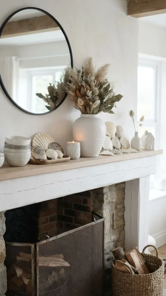 White ceramics and scallop shells on elegant mantel.