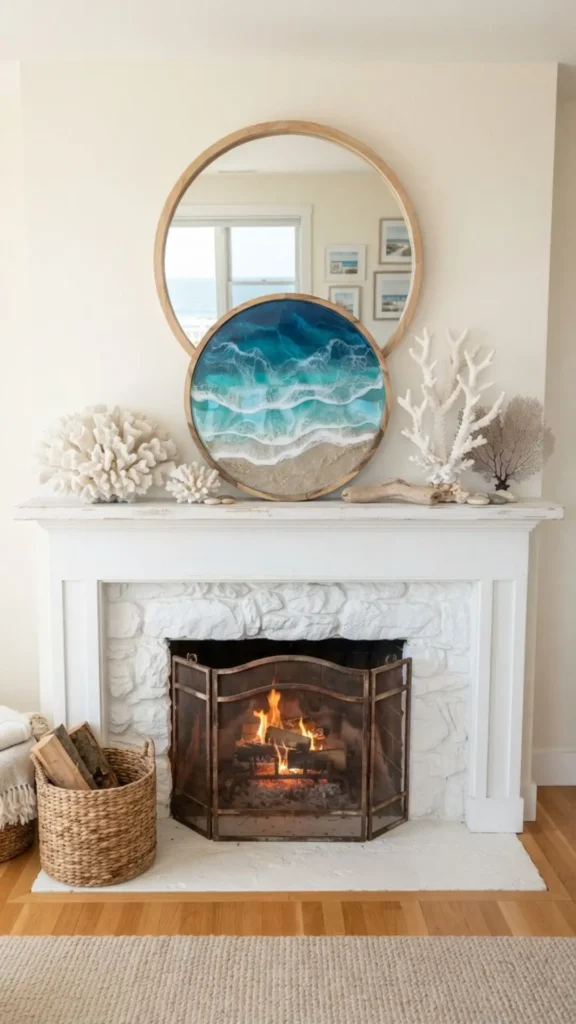 Ocean resin artwork paired with decorative white coral.
