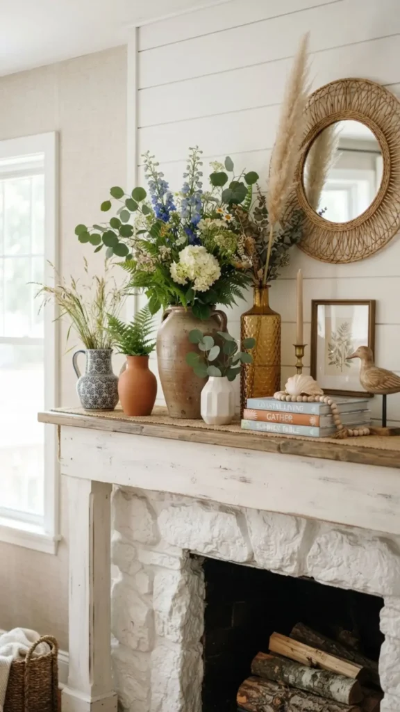 Varying vase heights create balanced summer mantel display.