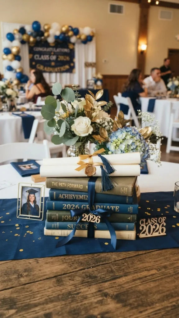 Stacked books and diploma centerpiece