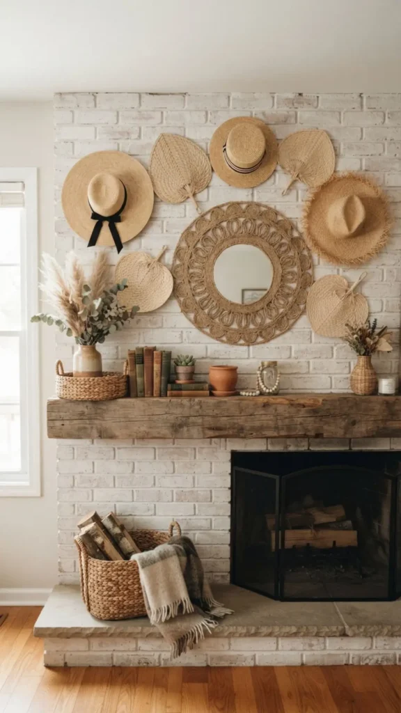 Straw hats and woven fans styled on mantel.