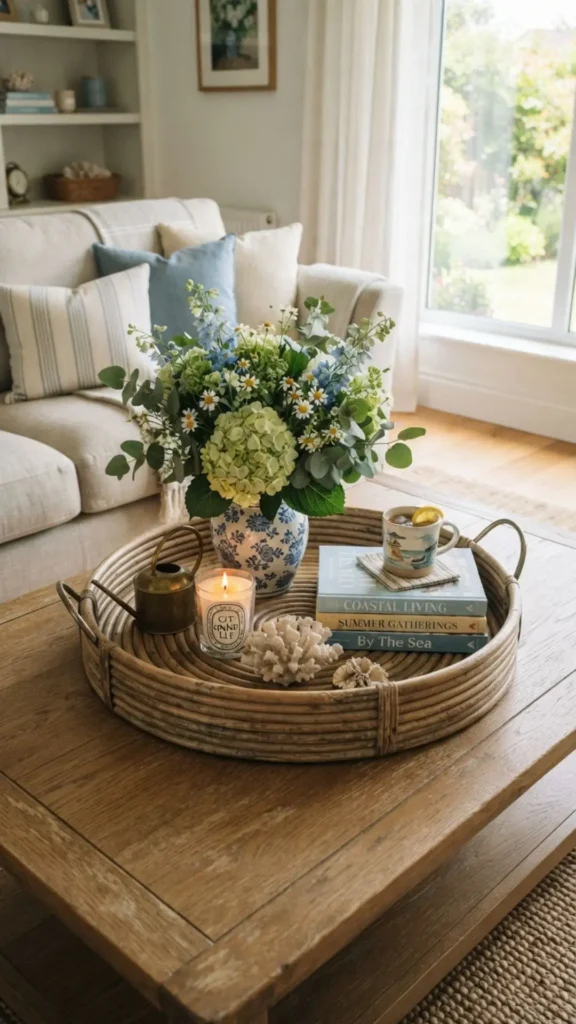 Decorative tray organizing stylish summer mantel accessories.