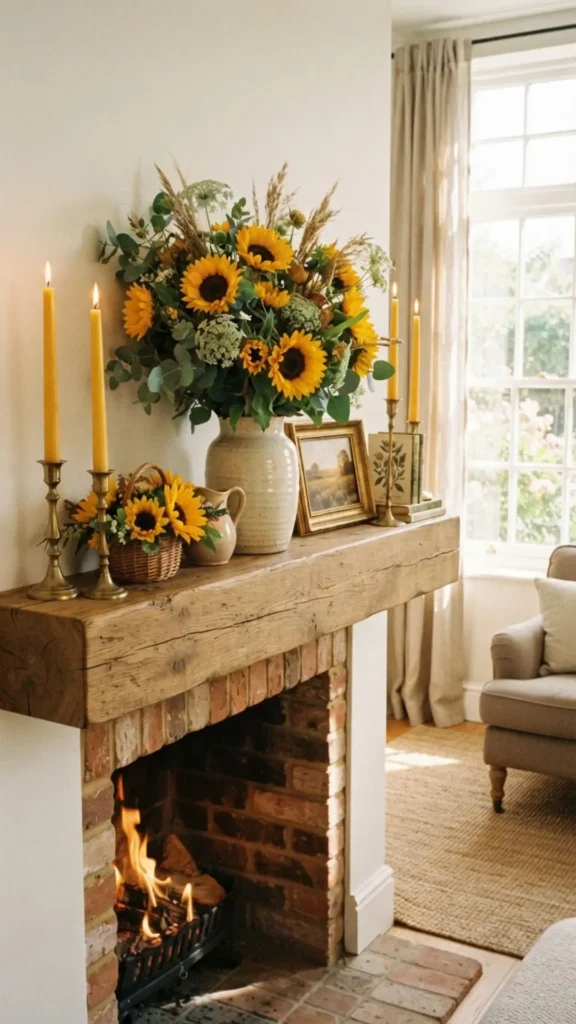Bright sunflowers with yellow taper candles on mantel.