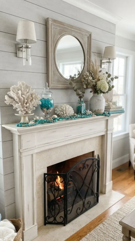 Turquoise glass beads with white coral mantel decor.