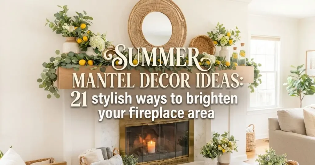 Stylish summer fireplace mantel decorated with seasonal home accents.