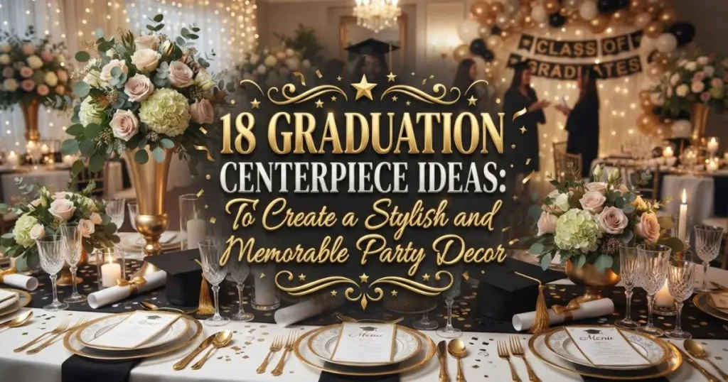 Elegant graduation centerpiece with flowers, balloons, and graduation cap.