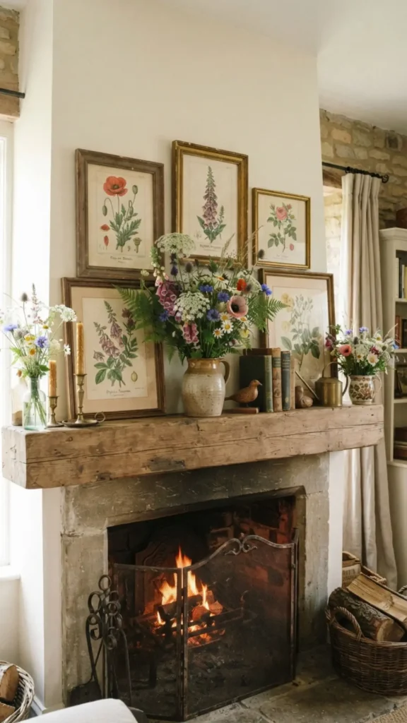 Vintage botanical prints with fresh wildflowers on mantel.