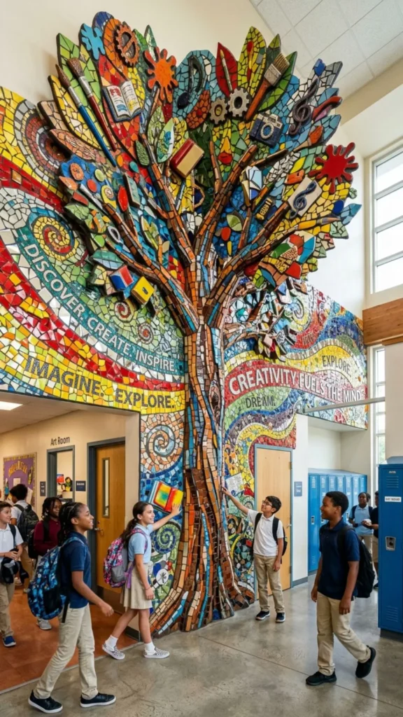 Creative 3D mosaic wall adding depth and texture to a school space.