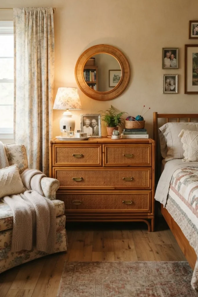 Cane rattan dresser with warm wood tones in a timeless coastal bedroom.
