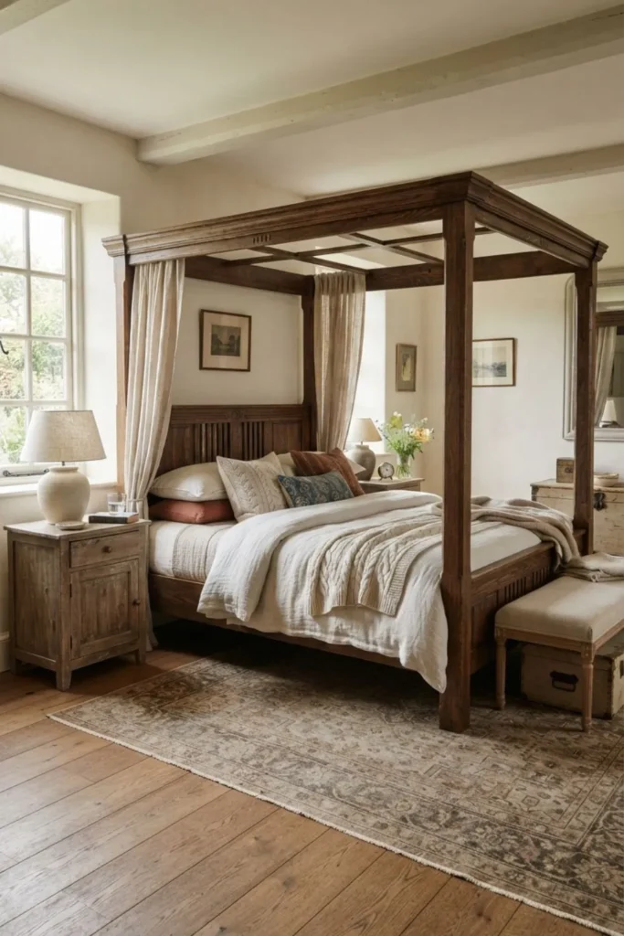 Wooden four-poster bed styled with elegant coastal grandma bedroom decor.