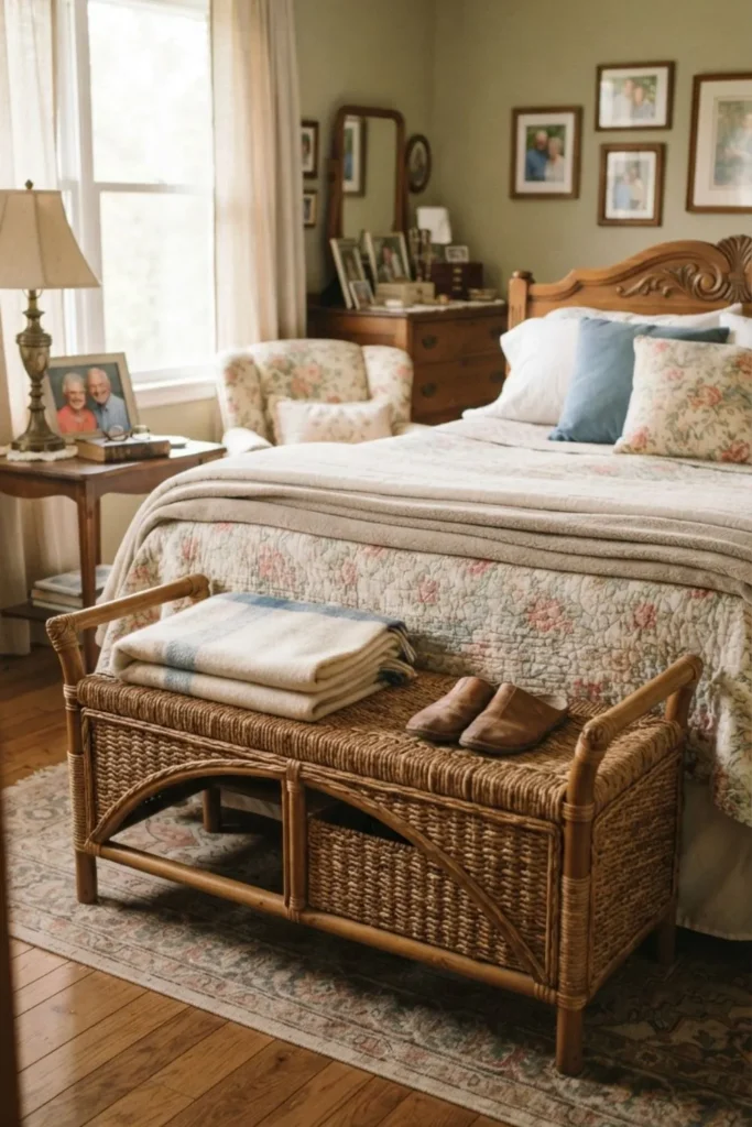 Woven bench at the foot of the bed creating a cozy coastal bedroom.