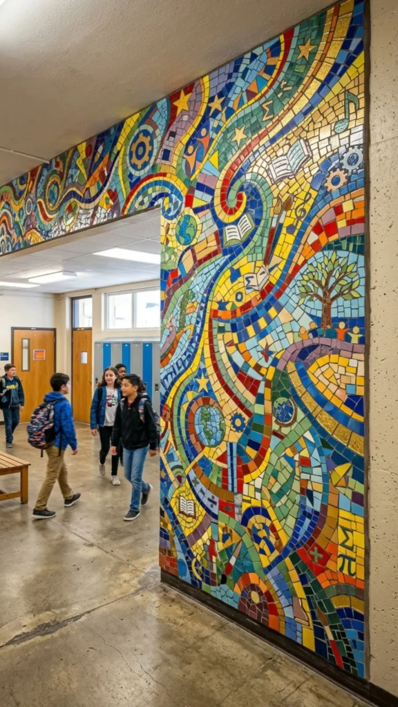 Abstract mosaic patterns adding artistic character to school interiors.