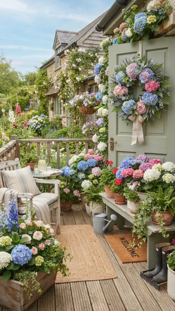 Hydrangeas and a seasonal wreath creating fresh cottage-style deck décor.