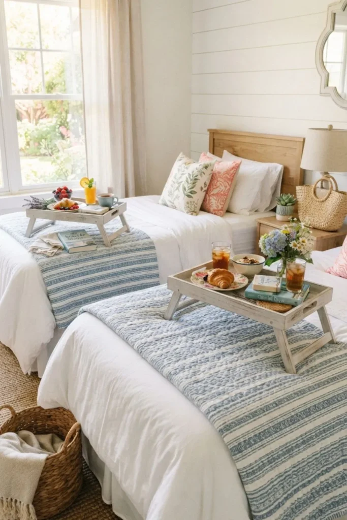 Decorative bed tray with flowers and books in a cottage bedroom.