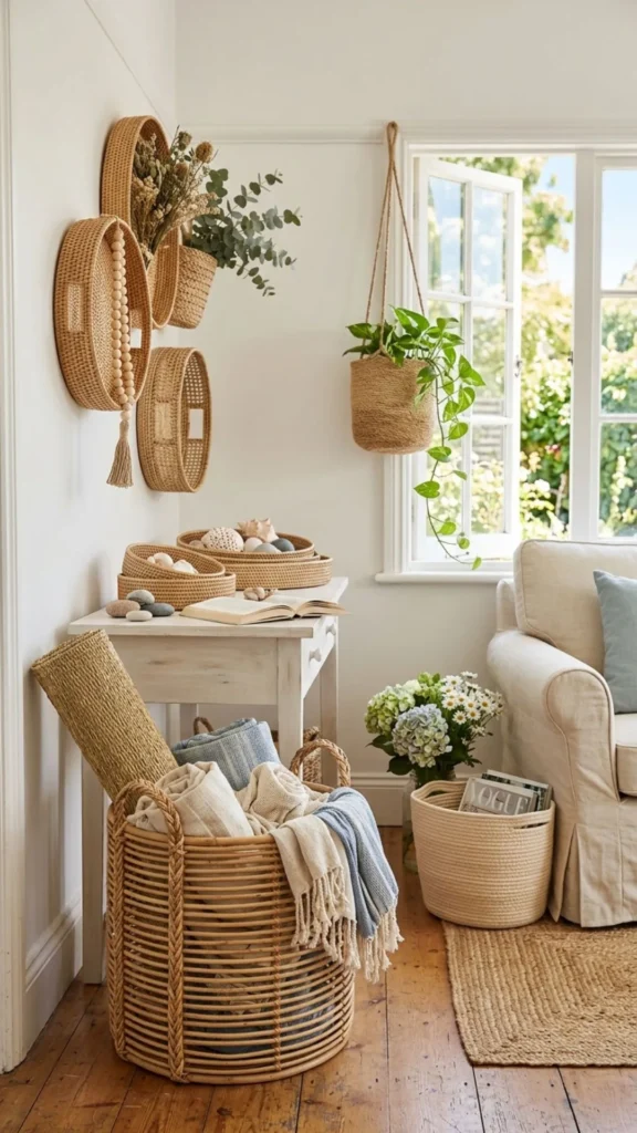 Natural woven baskets adding texture to summer home decor.