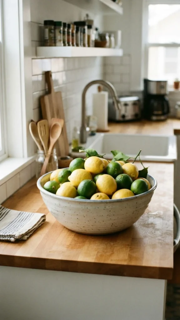 Fresh lemons and limes displayed in a decorative bowl on the kitchen counter.