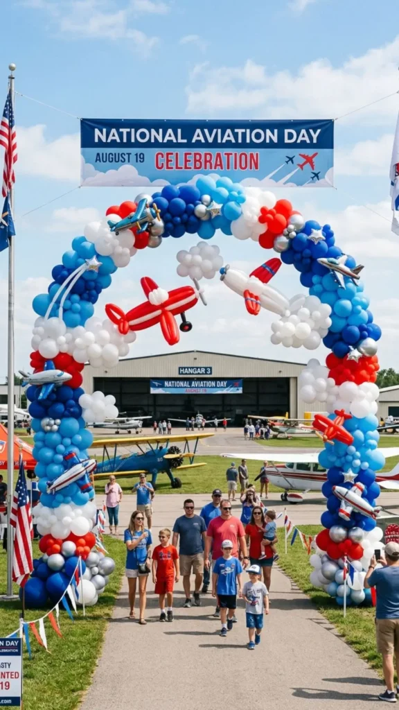 Blue balloon arch with airplane decorations for aviation parties.