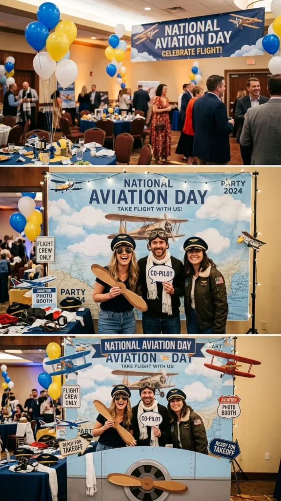 Airplane photo booth with clouds and fun aviation props.