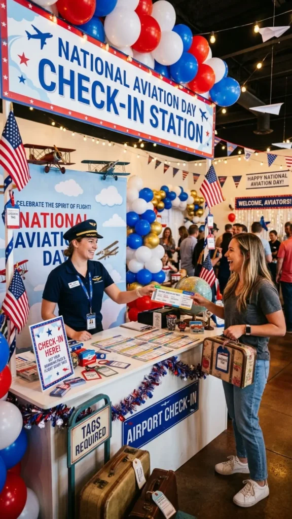 Creative airport check-in station with aviation-themed party details.