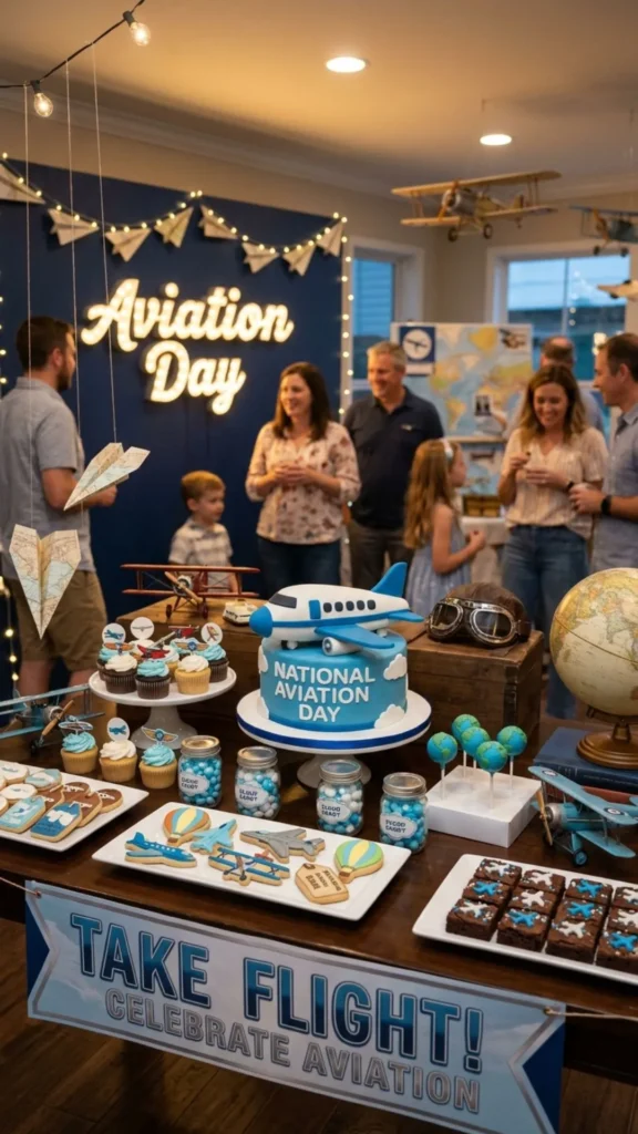 Aviation dessert table with airplane-inspired treats and decorations.