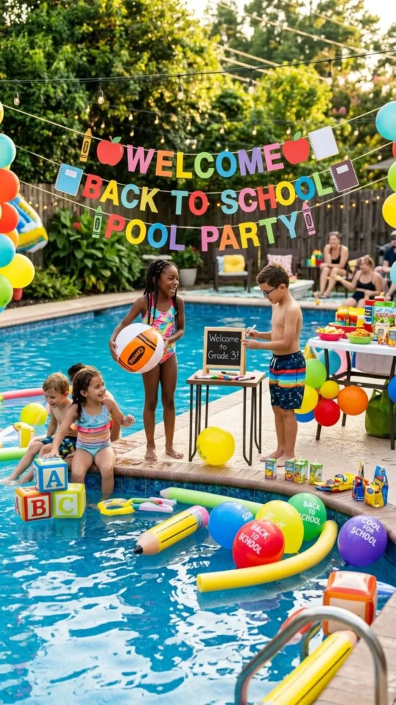 Fun back-to-school pool party setup for kids