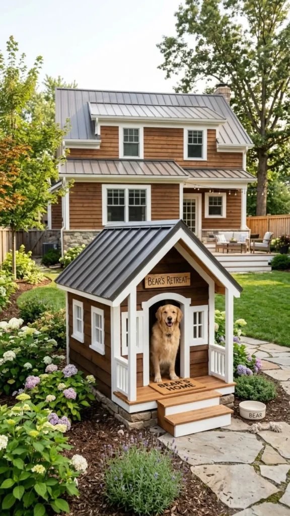 Backyard DIY dog house designed to beautifully match the style and architecture of the home