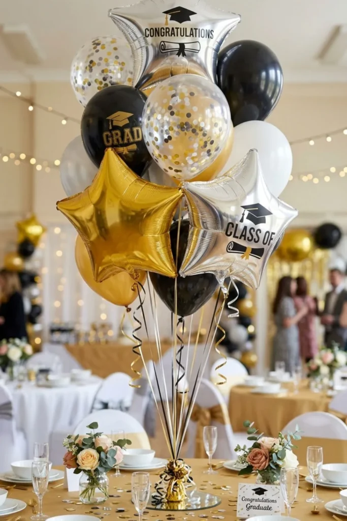 Colorful graduation balloon bouquet centerpiece in school colors