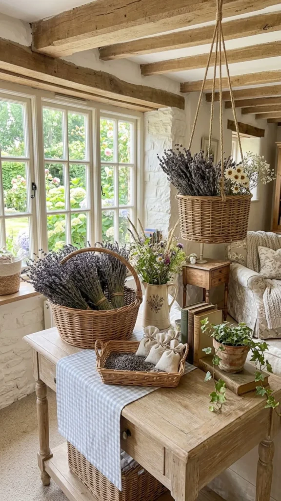 Woven baskets filled with dried lavender for elegant, natural cottage style summer decorating.
