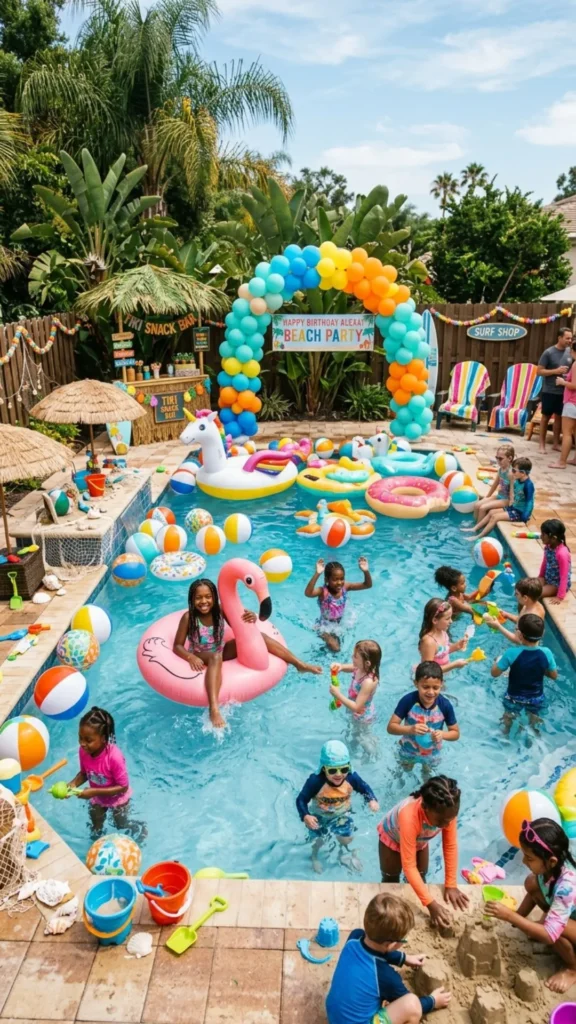 Colorful beach-themed pool party decor