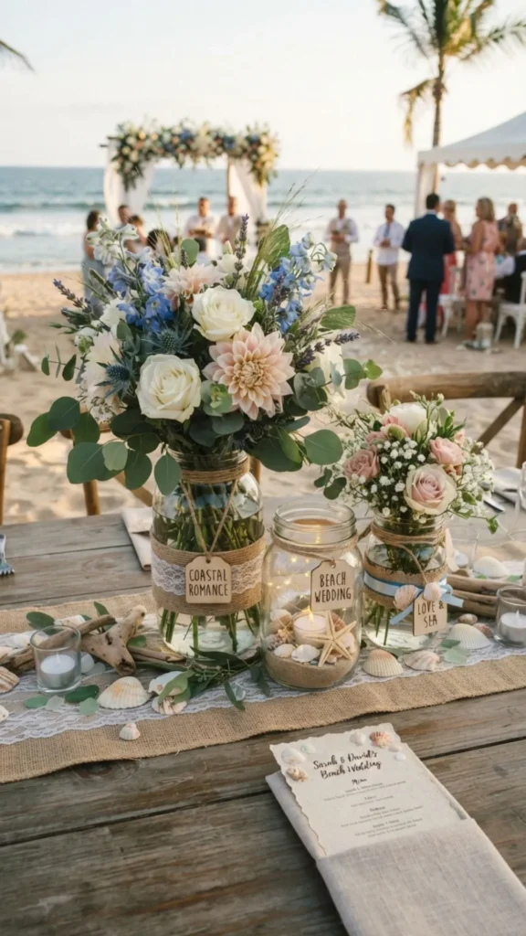 Mason jars filled with seashells, white flowers, and sea glass bring elegant coastal charm to beach weddings.