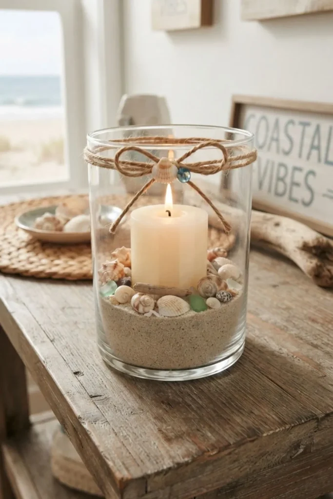 Coastal candle holder filled with decorative sand, seashells, and a glowing candle.