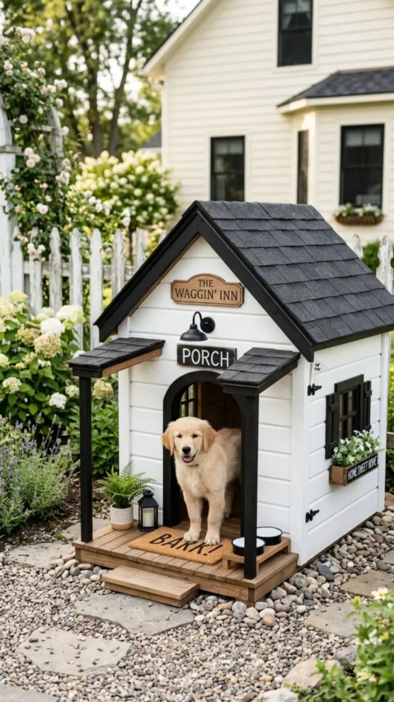 Black and white farmhouse DIY dog house with charming porch and classic rustic details