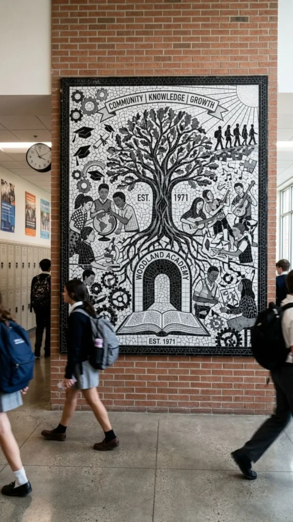 Black and white mosaic creating a stylish and timeless school wall.