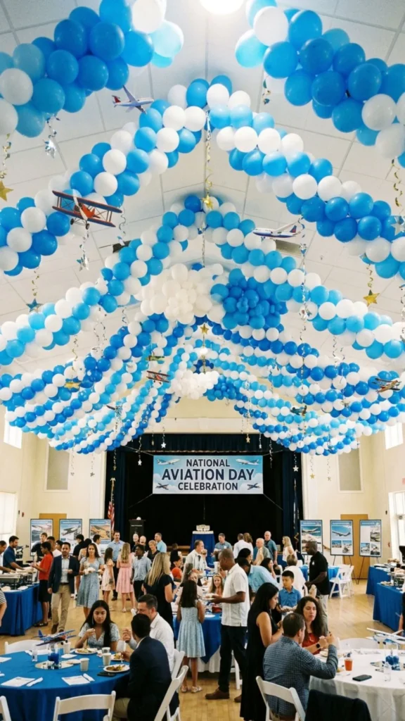 Blue and white balloons creating a sky-inspired party ceiling.