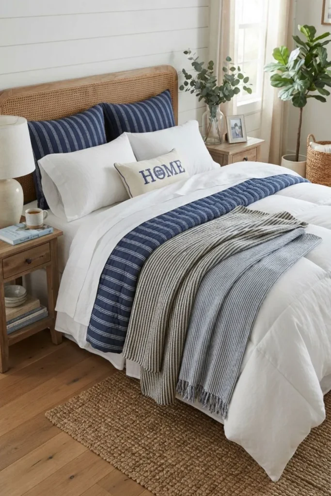 Blue and white bedding with striped throws creating a fresh coastal bedroom look.