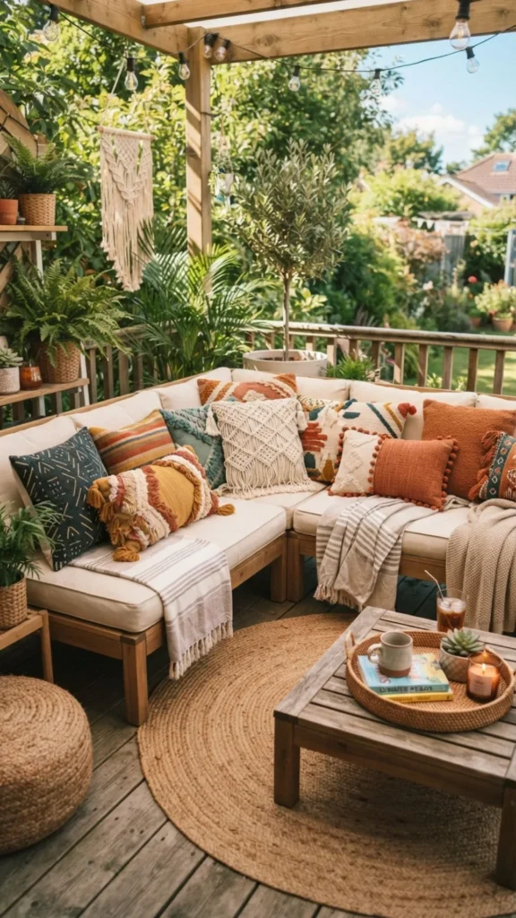 Boho-style outdoor pillows adding cozy comfort and colorful charm to a summer deck.