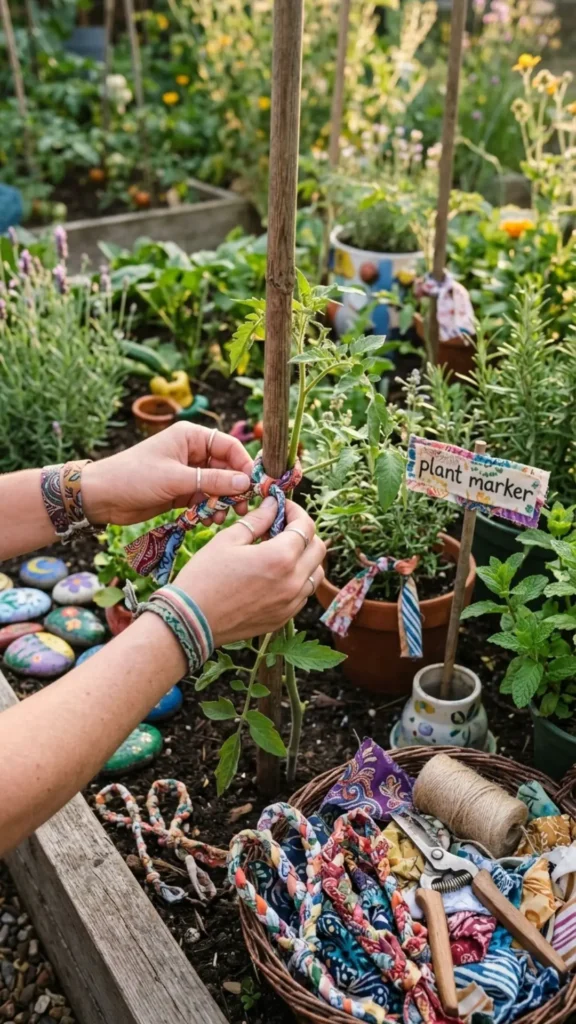 Boho fabric plant ties made from colorful scraps for a creative and sustainable garden setup.