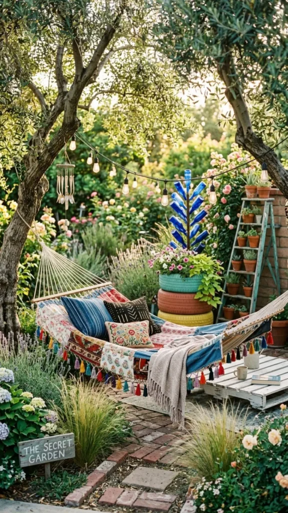 Stylish boho patchwork garden hammock made from fabric scraps for a cozy outdoor relaxation space.